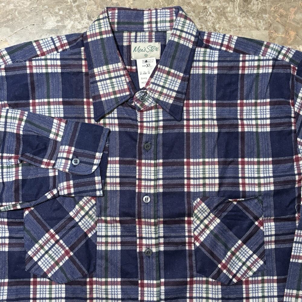 Vintage Sears Flannel Shirt Mens XL Blue Plaid Cotton Mens Store 80s Dead